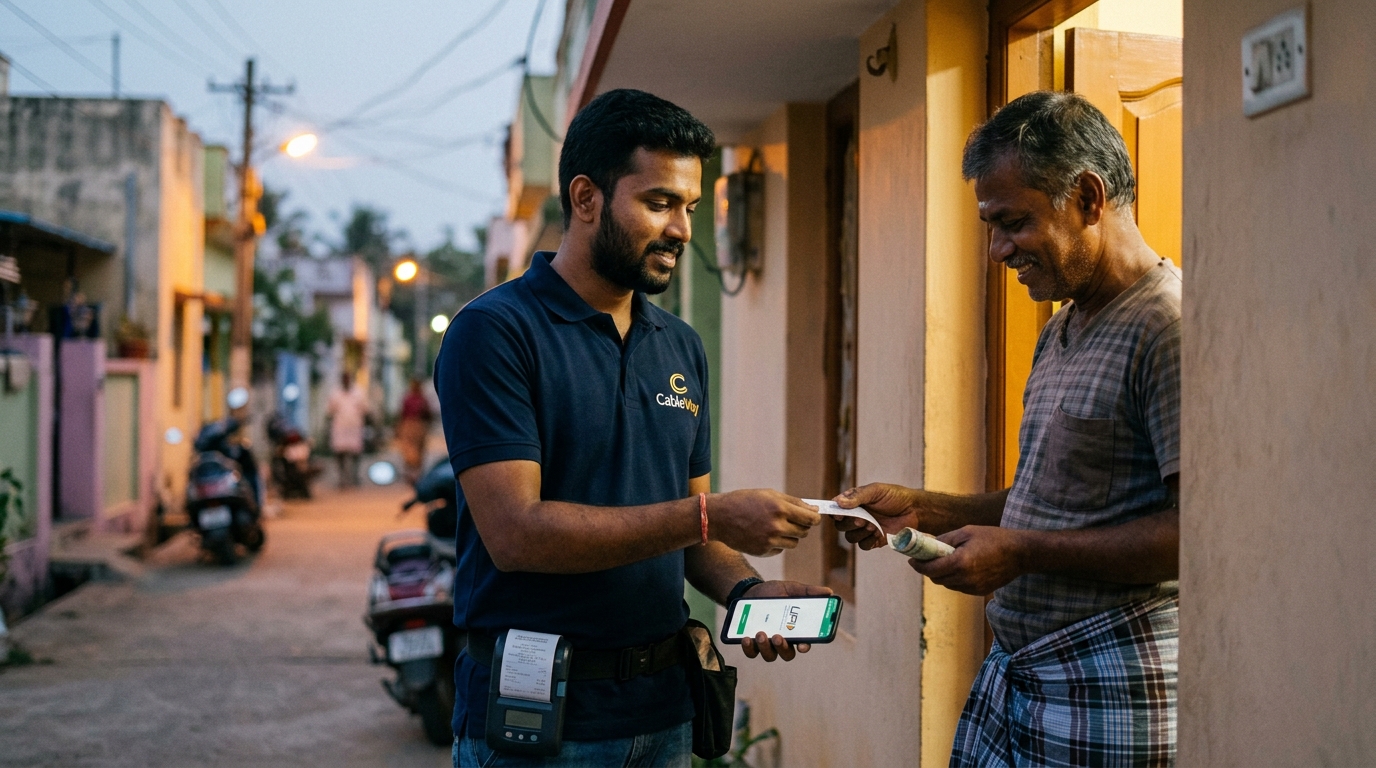 A South Indian cable operator field agent collecting cash and UPI payment at subscriber door with Bluetooth thermal printer