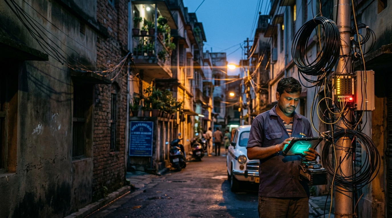 Indian cable TV and broadband operator checking optical fiber lines in residential neighbourhood at dusk