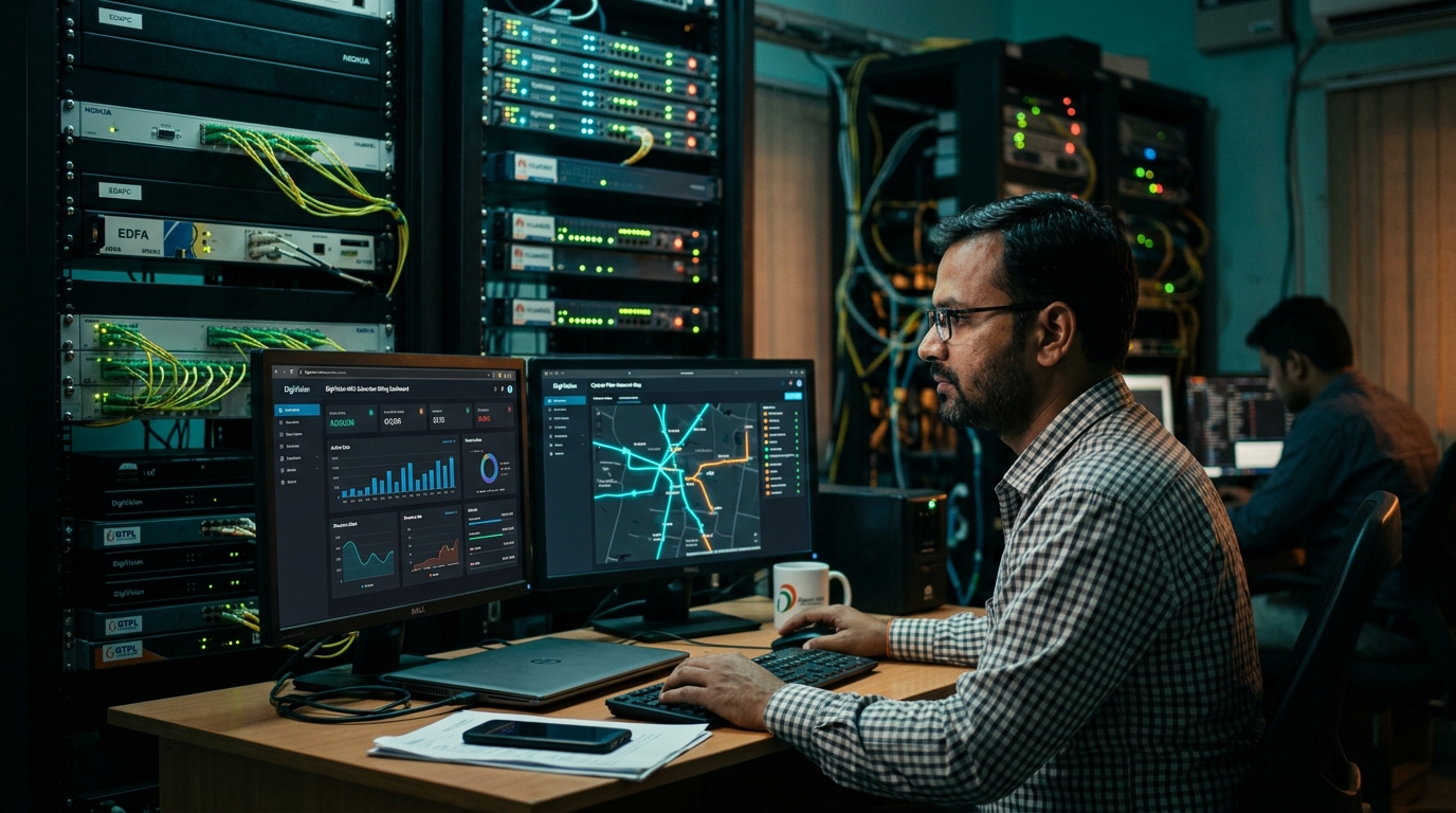 Indian Cable TV operator control room with multi-screen billing dashboard and optical fiber racks