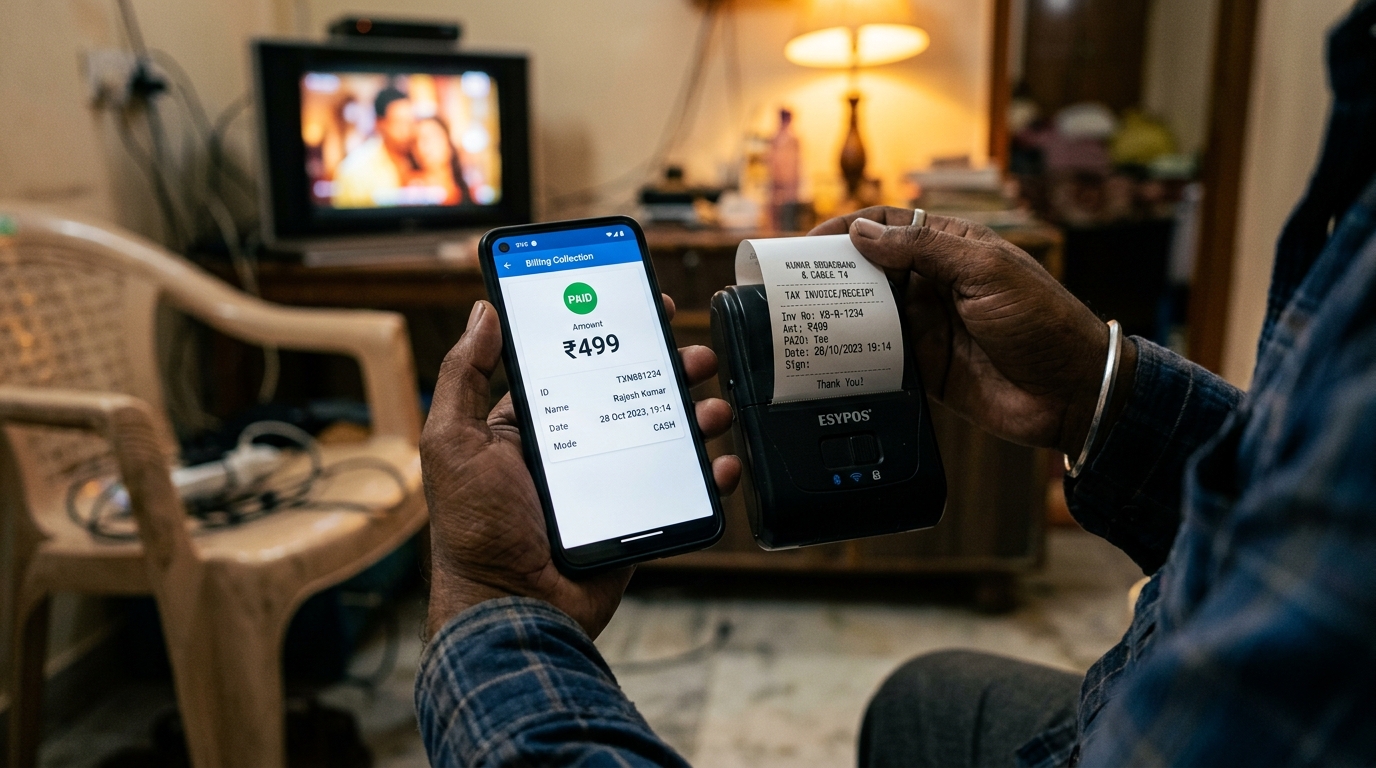 Agent collecting cable bill on Android phone with Bluetooth thermal printer printing tax invoice