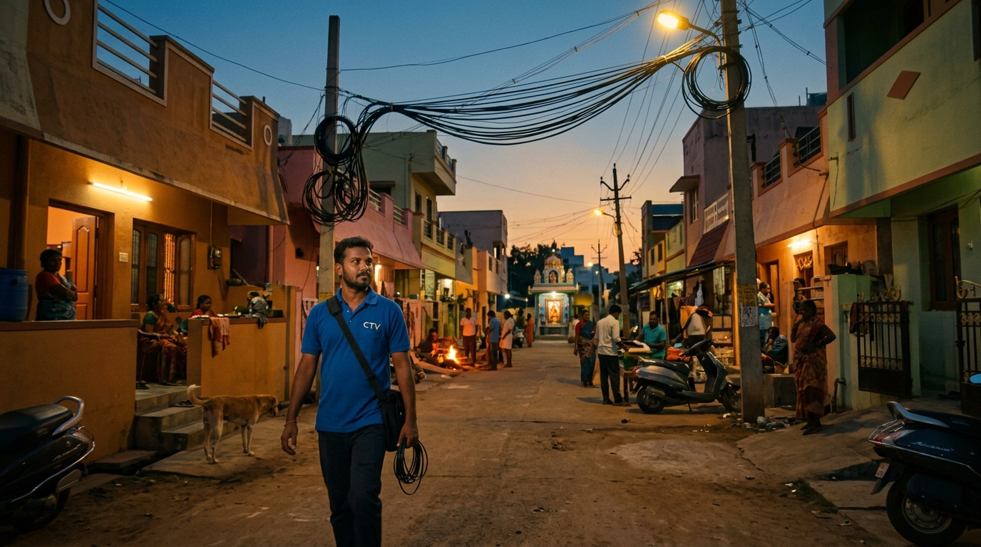 A field collection agent walking a collection round along an Indian residential lane with overhead optical fiber cables